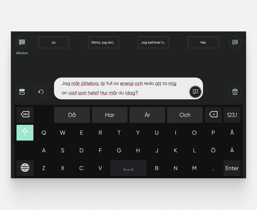 Skärmavbild från Tobii Dynavox app TD Talk visar en konversation i meddelandefönstret