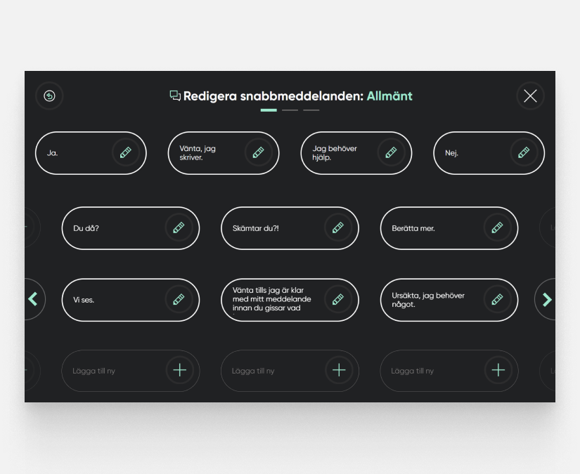Tobii Dynavox TD Talk skärmbild som visar Snabbmeddelanden