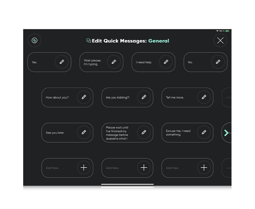 Tobii Dynavox TD Talk skärmbild som visar Snabbmeddelanden