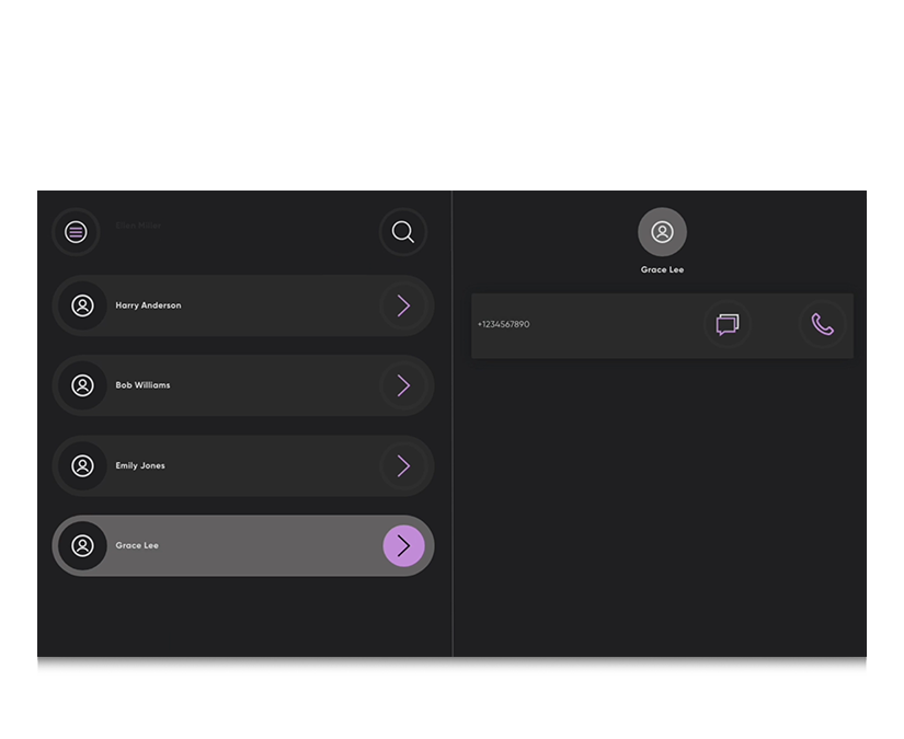 Skärmbild av TD Phone som visar en rullbar, sökbar lista över kontakter