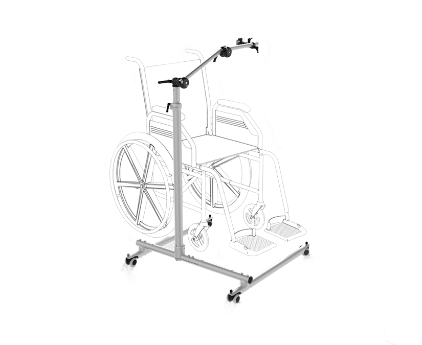 Tobii Dynavox Rehadapt FS-Vario Floorstand med en flexibel bas som passar intill en rullstol
