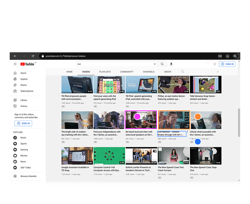 TD Browse av Tobii Dynavox med klickfunktionen hjälpt av färgade prickar