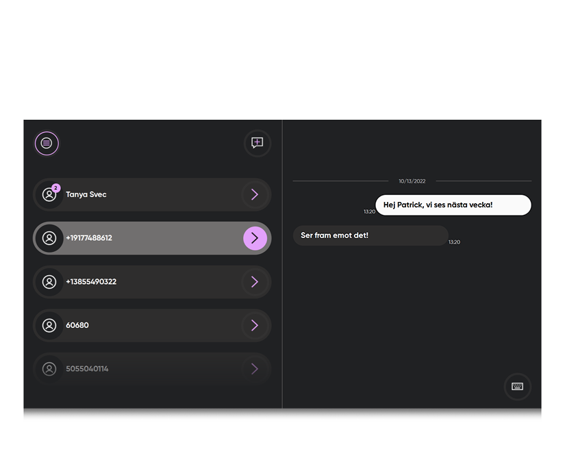 Skärmbild av TD Phone som visar textmeddelanden