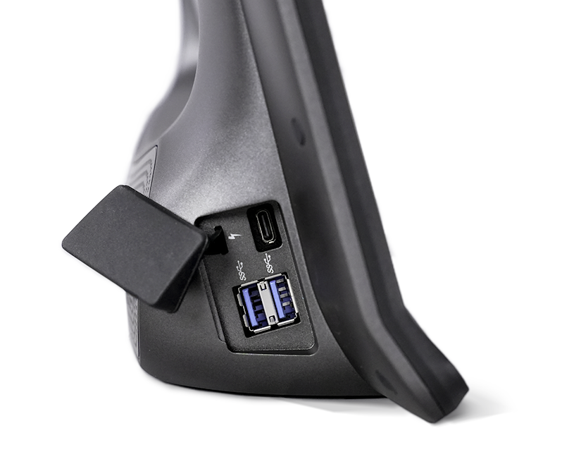 Tobii Dynavox TD I-Series AAC-enhet från sidan med dubbel USB-port med skyddskåpa