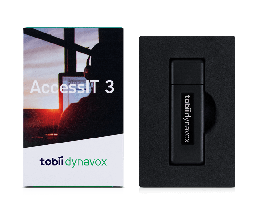 Tobii Dynavox AccessIT förpackningsframsida och insida av öppnad förpackning