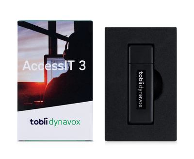 Tobii Dynavox AccessIT förpackningsframsida och insida av öppnad förpackning