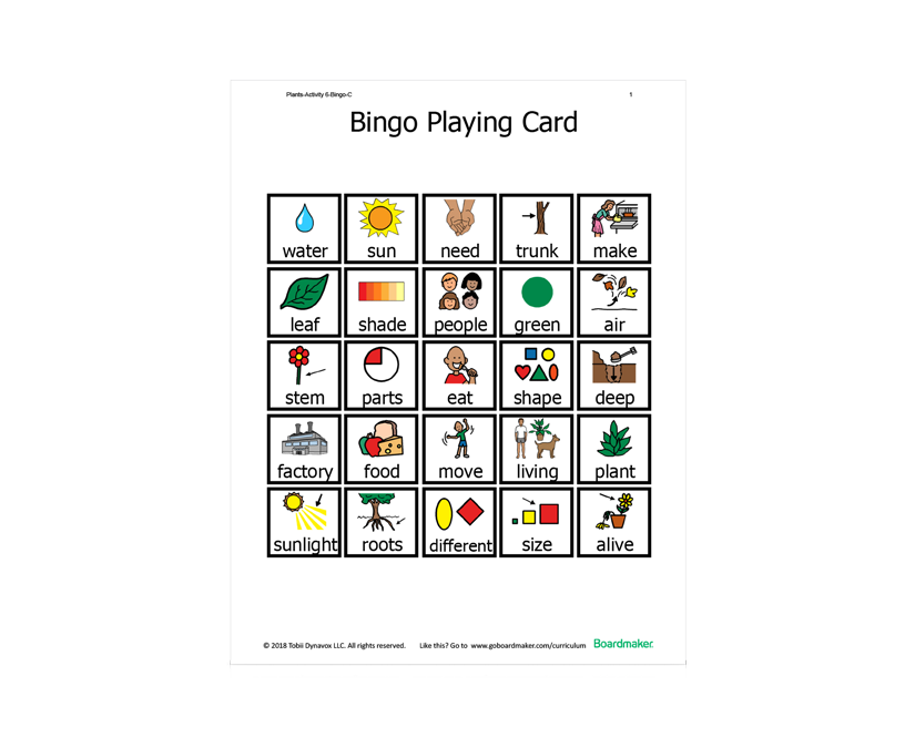 Tobii Dynavox Activities-to-Go plants and living things bingo board 