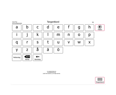 Tobii Dynavox förstasida till Core First kommunikationsbok tangentbord