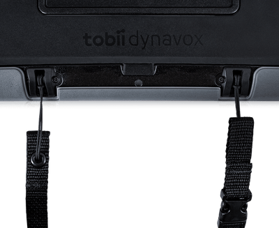 Tobii Dynavox I-110 Skyddande skal med integrerad rasterhållare som visar närbild på axelremsfästet