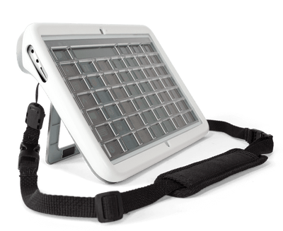 Tobii Dynavox Indi Durable Case Cool Gray med rem och rasterhållare sedd från sidan