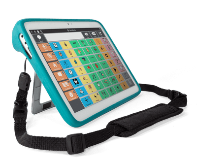Tobii Dynavox Indi Durable Case Teal Blue med axelrem sedd från sidan