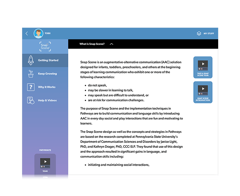Tobii Dynavox Pathways for Snap Scene infosida “Vad är Snap Scene”