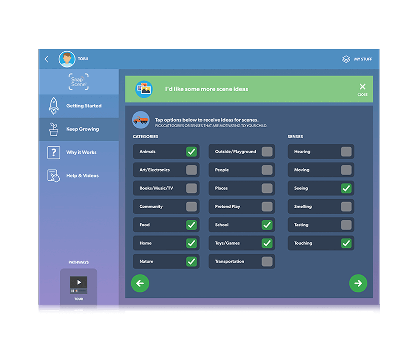 Tobii Dynavox Pathways for Snap Scene ideförslag för scener