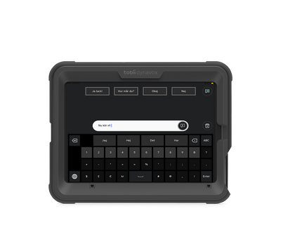 Tobii Dynavox SC Tablet Mini framifrån tillsammans med iPad, visar TD Talk.