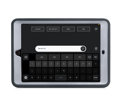 Tobii Dynavox SC Tablet framifrån tillsammans med iPad, visar TD Talk.