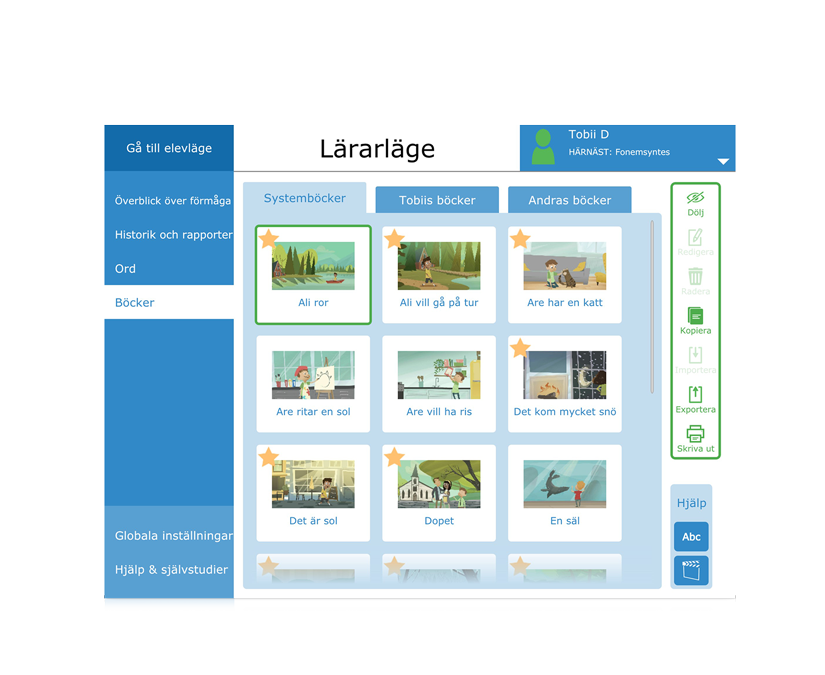 Tobii Dynavox Accessible Literacy Learning, böcker visade i lärarvy