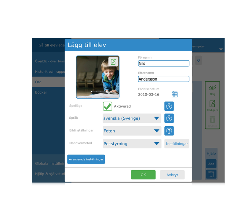 Tobii Dynavox Accessible Literacy Learning – läsprogram visat på I-110 enhet