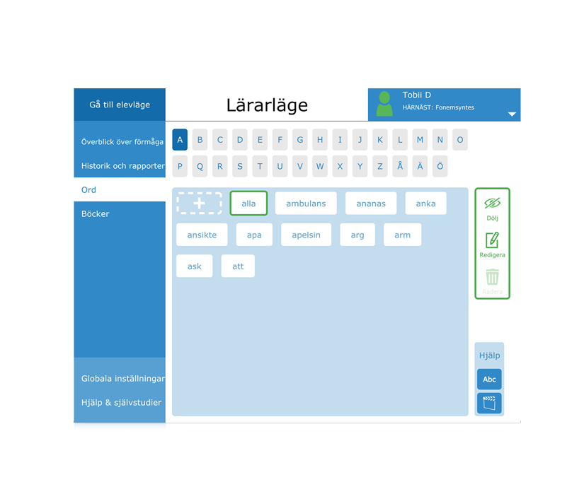 Tobii Dynavox Accessible Literacy Learning, ord visas i lärarens vy