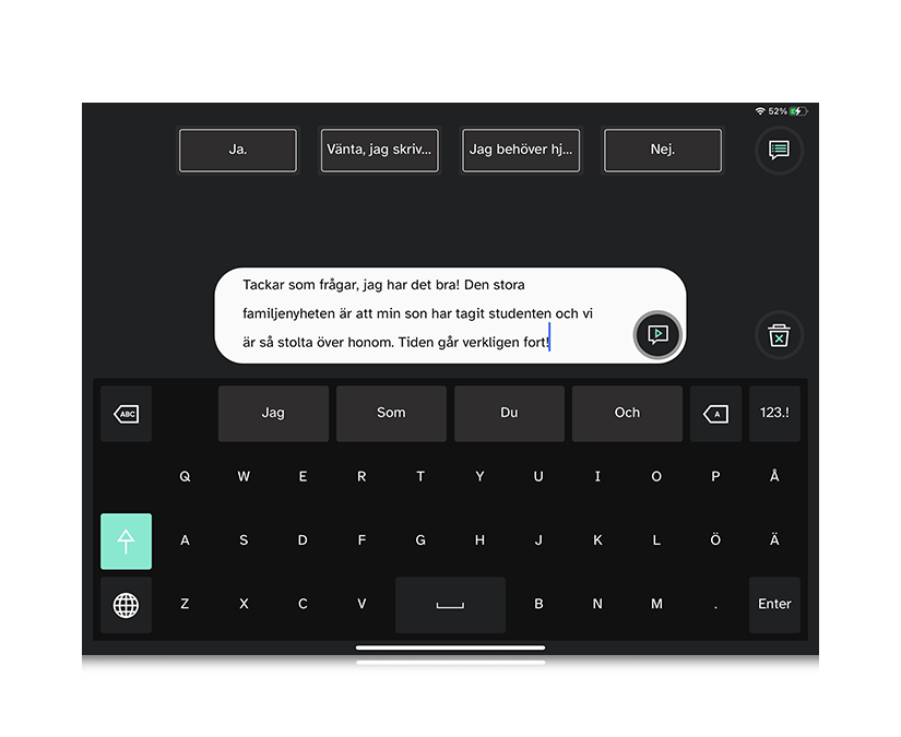 Skärmavbild från Tobii Dynavox app TD Talk visar en konversation i meddelandefönstret 