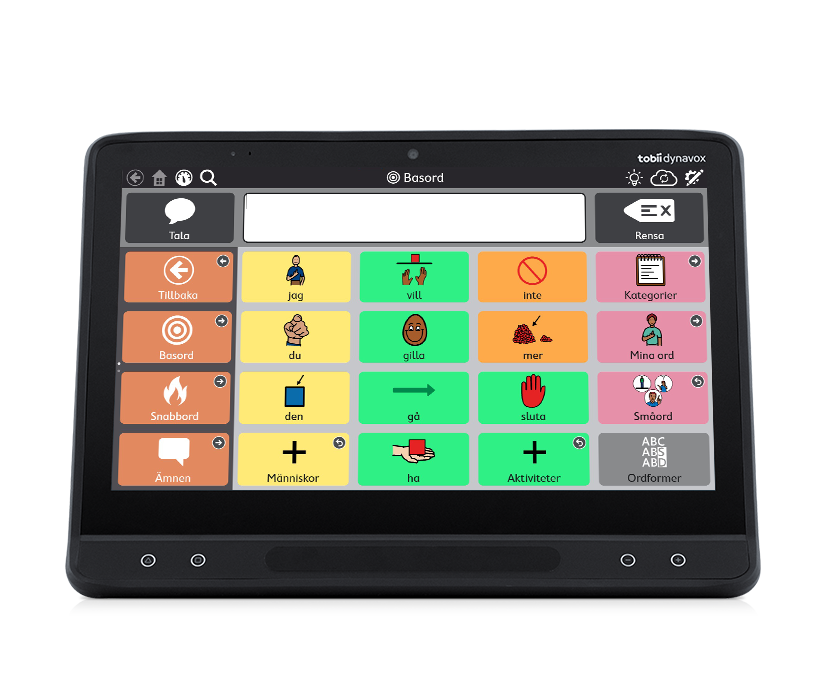 Tobii Dynavox TD Snap AKK-app på kommunikationsenheten I-Series som visar siduppsättningen Core First