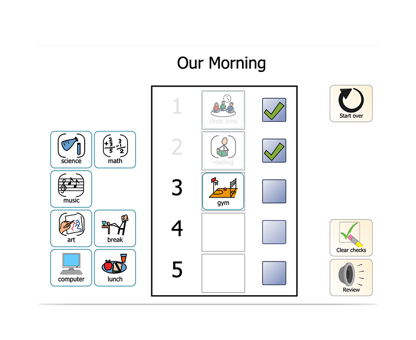 Skärmbild av Boardmaker 7 Student Center morgonschema