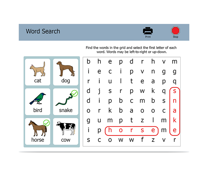 Skärmbild av Boardmaker 7 Student Center hitta ord